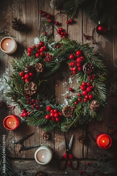 Obraz Handcrafted holiday wreath made of pine branches, red berries, and pinecones, surrounded by candles, scissors, and festive decor.