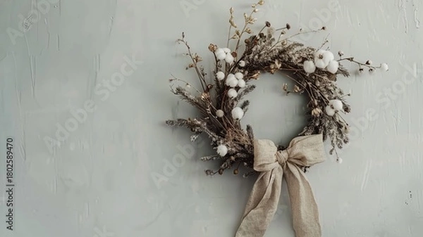 Obraz Elegant holiday wreath made of frosted branches, cotton stems, and a large linen bow, hung on a textured neutral wall.