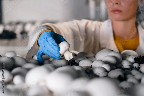 Obraz Female worker wearing blue gloves checks and collects samples of mature champignon mushrooms from shelves in an industrial farm for large scale mushroom cultivation