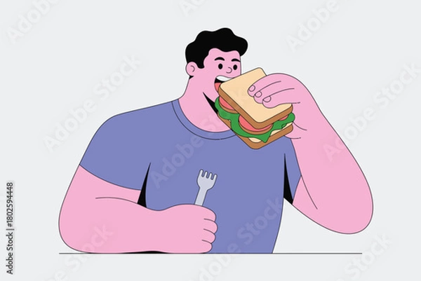 Obraz Illustration of man eating sandwich with lettuce and tomato for lunch break time