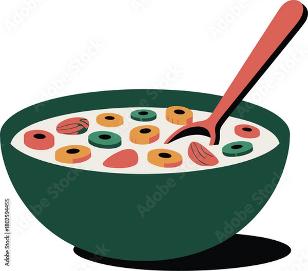 Obraz Bowl of cereal with milk almonds and spoon breakfast food illustration art