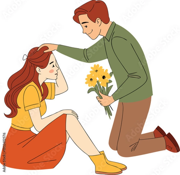 Obraz Romantic couple sitting cartoon illustration