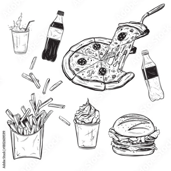 Fototapeta Hand drawn burger, salad and pizza. French fries in cardboard box and ice-cream. Vector sketch illustration in vintage style bottle of and a glass of lemonade. Set Fast food elements for menu design