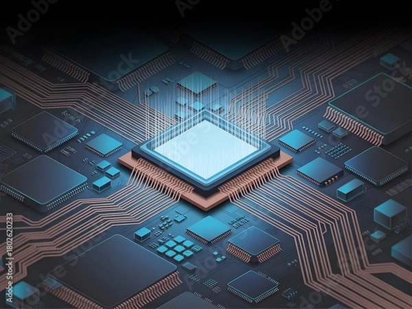 Fototapeta Cutting-edge microchip design showcasing advanced technology and innovation, ideal for modern tech presentations or illustrating complex systems, connectivity, and data processing