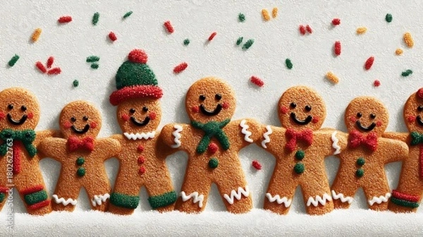 Obraz Line of Gingerbread Men Cookies with Festive Scarves and Hats on photo White Background christmas