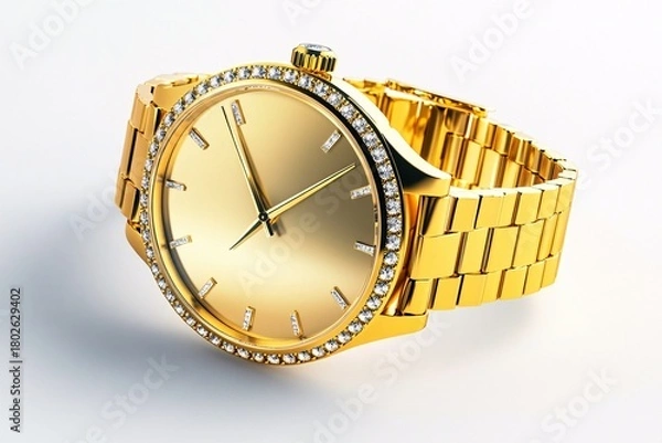 Fototapeta Golden pocket watch isolated on white background, a luxurious antique metal object displaying the hour and minute hand