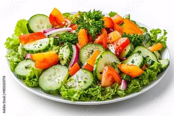 Obraz Fresh healthy vegetable salad with feta cheese in a bowl, a vibrant vegetarian appetizer