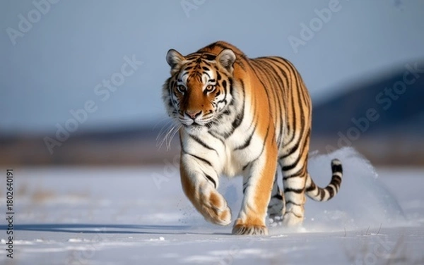Obraz Tiger walking through snow with snow spraying from its paws animal wildlife
