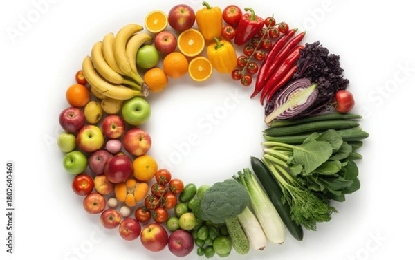 Obraz Colorful assortment of fresh fruits and vegetables arranged in a circle food healthy