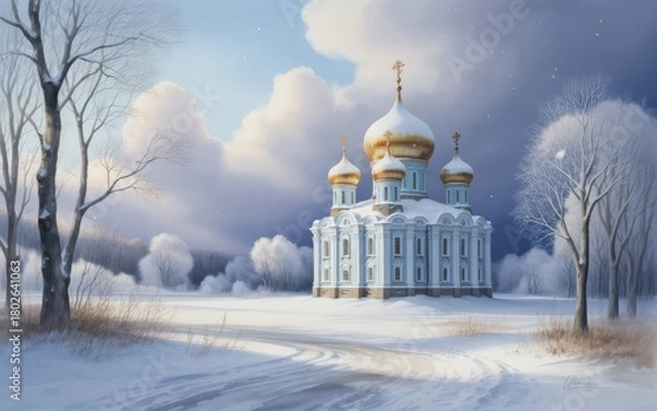 Obraz Watercolor painting of a light blue church with golden domes in a snowy winter landscape image