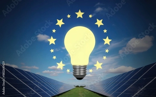 Obraz Glowing lightbulb surrounded by stars above solar panels and green field energy