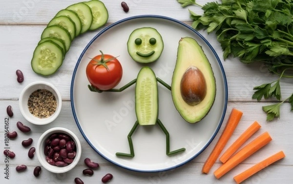 Obraz A whimsical plate depicts a stick figure made of vegetables holding a tomato and avocado food cucumber