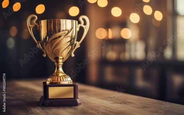 Fototapeta Golden trophy with ornate handles rests on a wooden surface with bokeh lights award prize