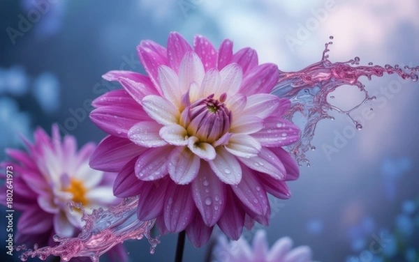 Obraz Vibrant pink and white dahlia flower with water splashes and dew drops purple