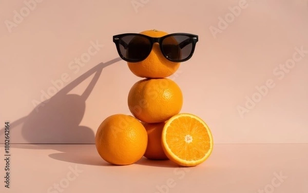 Fototapeta Stacked oranges wearing sunglasses with a sliced orange and shadow fruit citrus