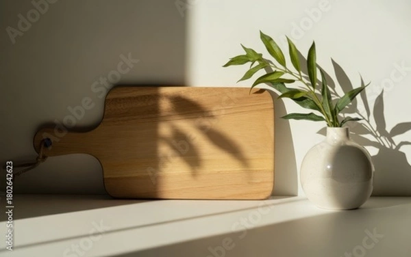Fototapeta Wooden cutting board with green plant in ceramic vase casting shadows handle twine