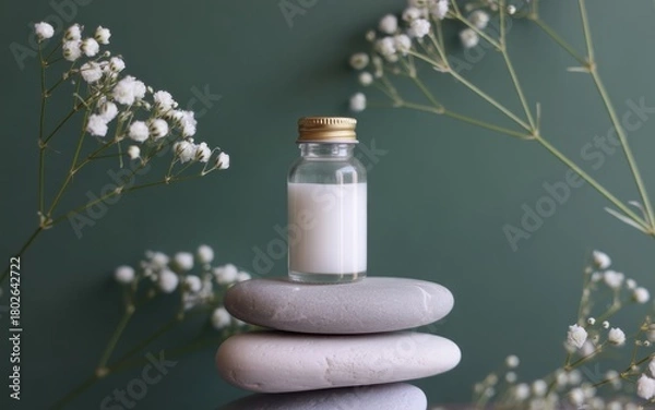Obraz Small clear bottle with white liquid on stacked stones and white flowers glass