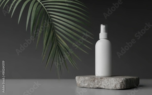 Obraz White spray bottle on stone pedestal with green palm leaf and grey background dispenser cosmetic