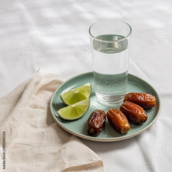 Fototapeta Glass of water dates and lime slices on a teal plate white cloth drink beverage