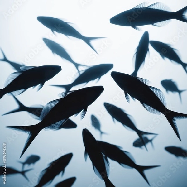 Obraz School of dark fish swimming in a light blue underwater environment image
