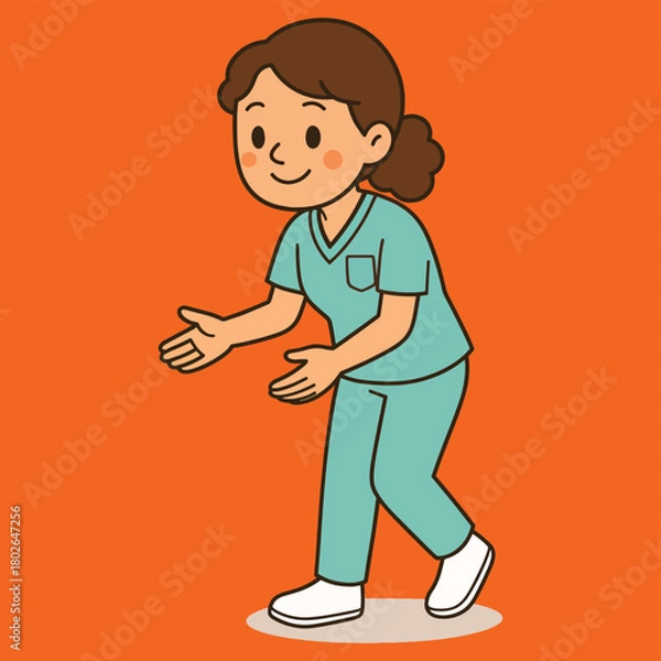 Fototapeta Friendly female nurse or medical professional in scrubs smiling and gesturing with open hands, welcoming or offering assistance.