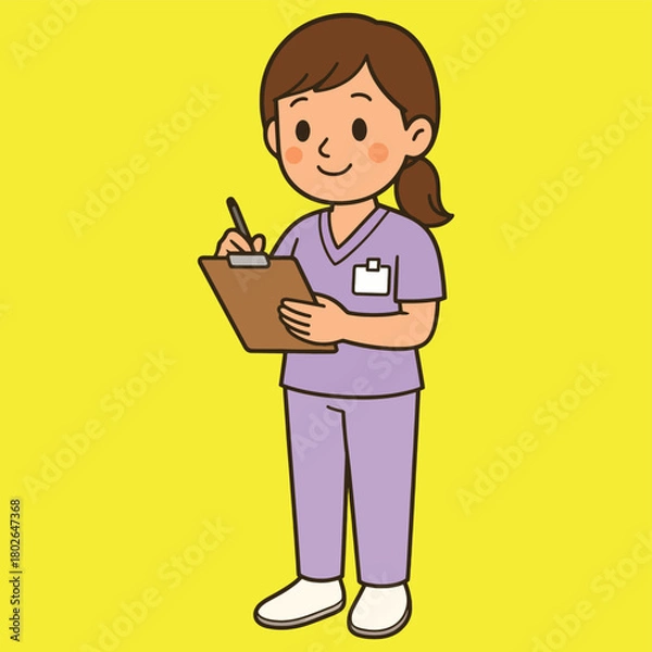 Fototapeta Cartoon nurse in purple scrubs standing, writing on a clipboard, representing healthcare, medical records, and patient tasks.