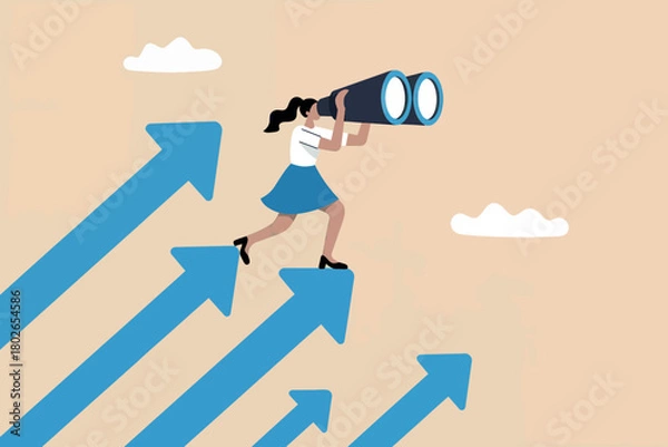 Fototapeta Businesswoman steps up, looking through binoculars for future