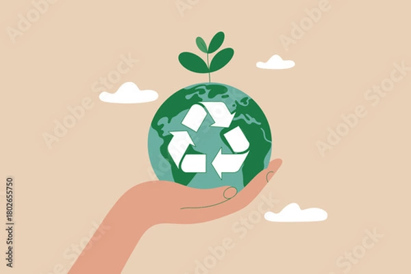 Fototapeta Hand holding earth globe with recycling symbol, plant for ecology.