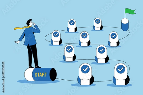 Fototapeta Businessman at start of winding path to goal with checkpoints