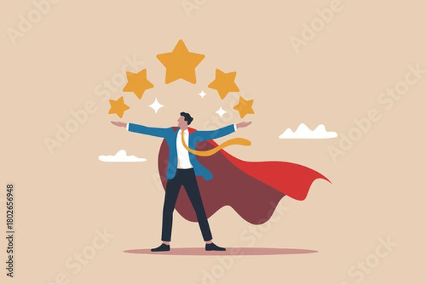 Fototapeta Superhero businessman getting five star rating for great performance