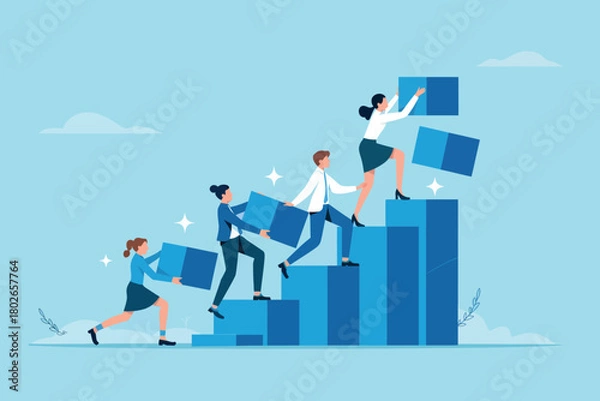 Fototapeta Business team building growth bar chart, collaboration, progress.