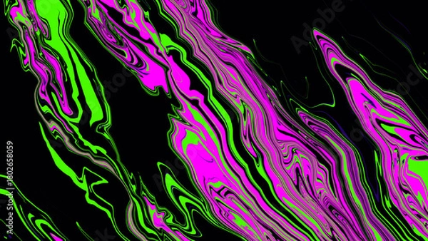 Fototapeta Bright violet, black, neon green background. Abstract liquid purple pink line. Glitch Art trippy screen. Template. Luxury texture. Creative flyer. VR tech card. Digital transformation. Pop art. Carbon
