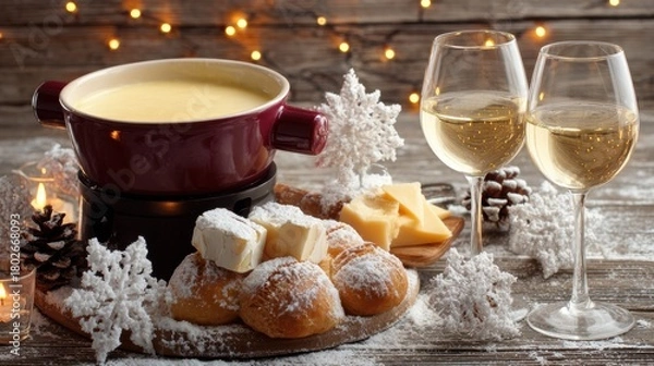 Fototapeta Enjoying Cheese Fondue With Wine at a Cozy Winter Gathering on a Wooden Table