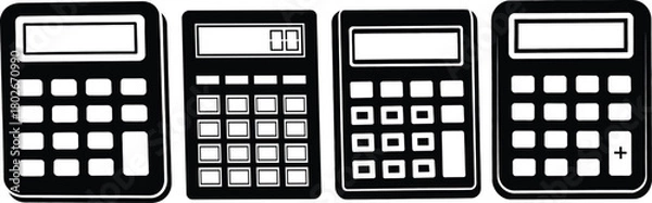 Fototapeta Calculator icons set – four black silhouette calculators, simple keypad display symbols for math, accounting vector
