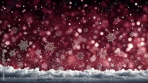 Fototapeta Festive Red Bokeh Snowflakes and Snowdrift photo Background for Holidays Keywords: snow, snowflake, winter, christmas, holiday