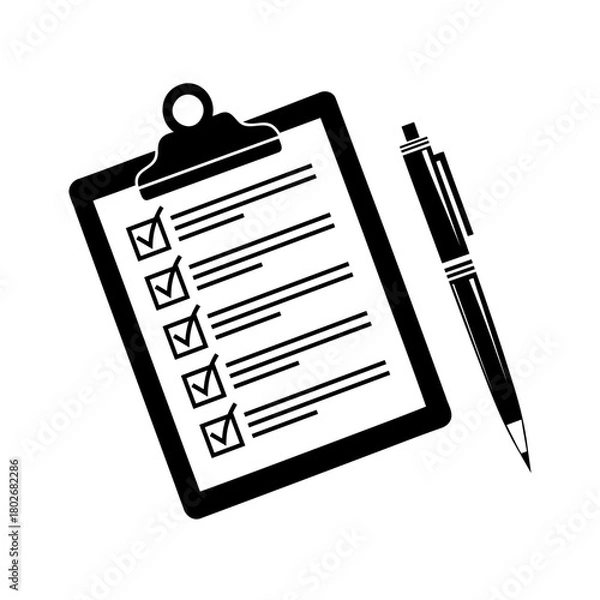 Fototapeta Checklist clipboard with pen – task list with check marks, planner and notes icon – simple black vector illustration