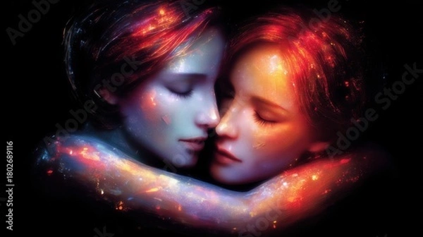 Obraz Two embracing faces with cosmic galaxy texture