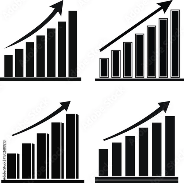 Fototapeta Growing bar chart icons set with upward arrow, business analytics, revenue increase, success trend – black vector