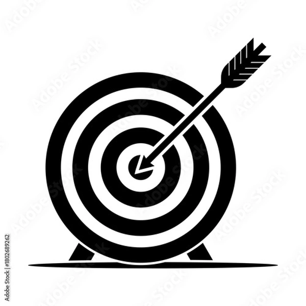Fototapeta Archery target on stand with arrow in bullseye, business goal and accuracy success icon – black vector symbol.