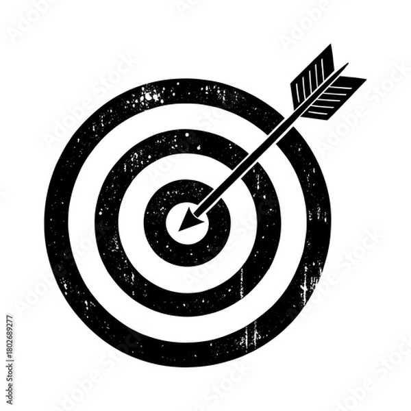 Fototapeta Grunge bullseye target with arrow hitting center; accuracy, success, business goal symbol icon – black vector.