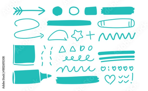Fototapeta Teal hand drawn marker doodles and elements
