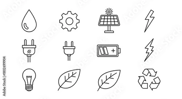 Obraz Linear energy and sustainability icons set: solar, recycling, electric elements, and nature