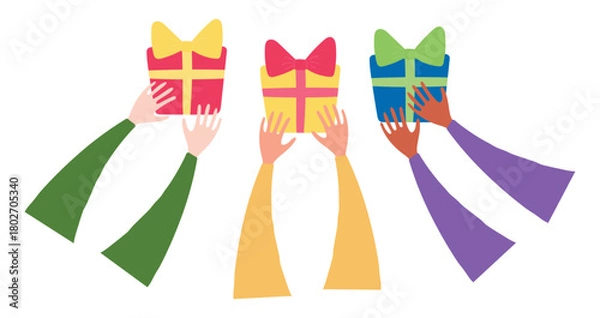 Fototapeta Three kings hands with gifts isolated on transparent background. Hand drawn flat vector illustration. Epiphany, Three Kings Day, Christmas design element, holiday clip art