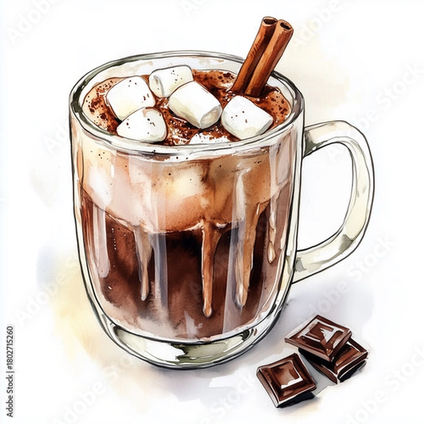 Fototapeta Watercolor illustration of hot chocolate with marshmallow in mug and cinnamon, chocolate squares for winter beverages and Christmas New Year drinks menus.