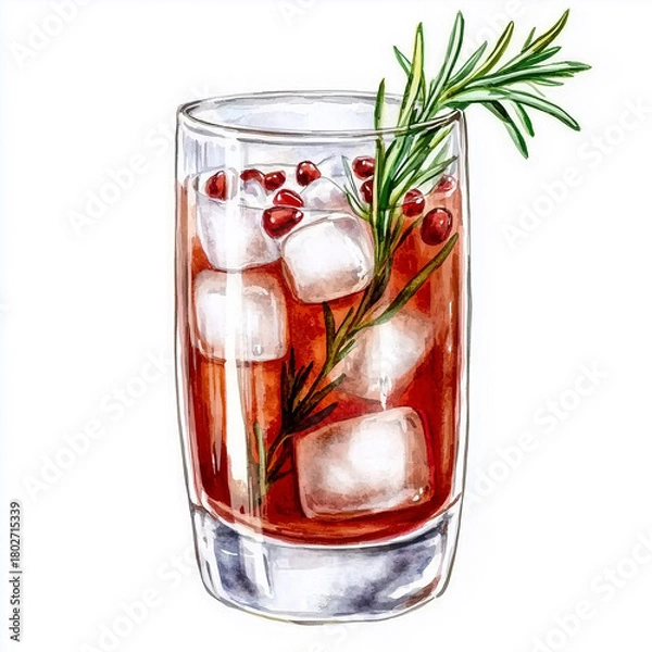 Obraz Watercolor illustration of a red cocktail drink with ice, pomegranate seeds, and rosemary garnish. Beverage for party, Holiday, New Year.