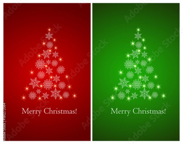 Fototapeta Set of greeting cards with abstract Christmas tree of snowflakes