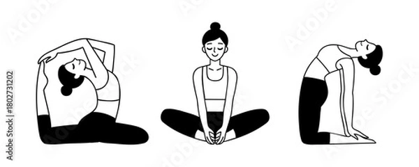 Obraz Vector illustration set of women practicing yoga. Line drawing of female characters in different asana isolated on white background. Mermaid Pose, Lotus pose, Camel Pose. 