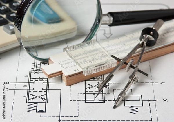 Obraz engineering tools on technical drawing