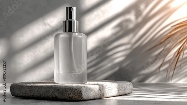 Fototapeta Frosted glass spray bottle on stone platform with artistic shadows