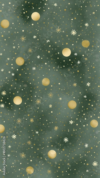 Fototapeta A seamless, richly textured vertical pattern with a dark, mottled forest green background, scattered with various sizes of shimmering gold spheres, stylized starbursts, and small white snow